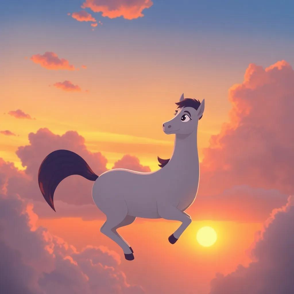 A serene image of Nube Viajera returning home to the sky after a long journey, looking content and proud, beautiful sunset colors, dreamy atmosphere, illustration, soft tones, high quality