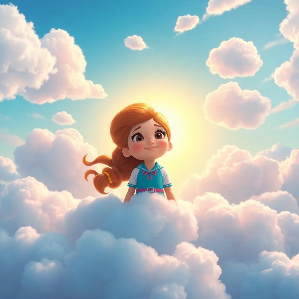 An inspiring scene of Nube Viajera surrounded by other clouds, planning her next magical adventure, bright and hopeful sky, joyful atmosphere, digital art, colorful and uplifting, high quality