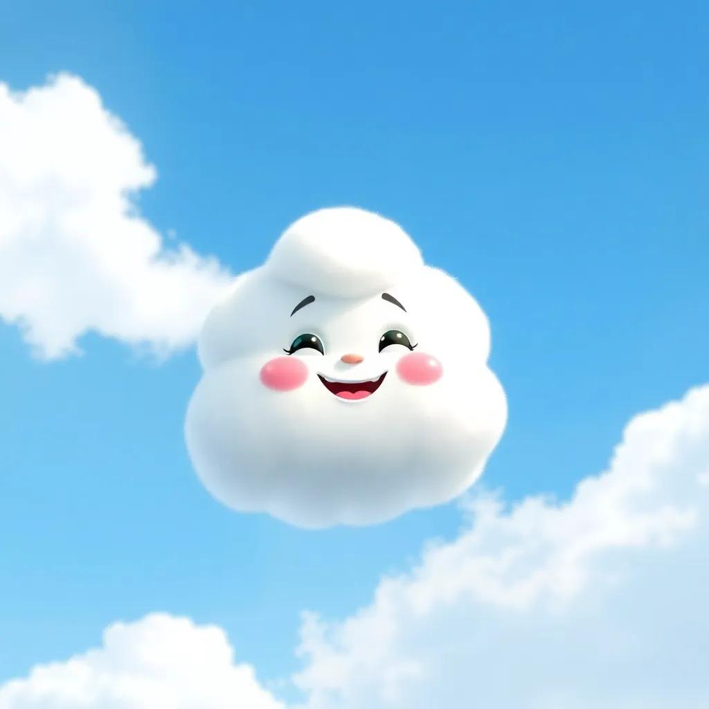 A fluffy white cloud named Nube smiling and looking excited, flying in a bright blue sky, with soft sunlight shining down, digital art, cheerful atmosphere, high quality