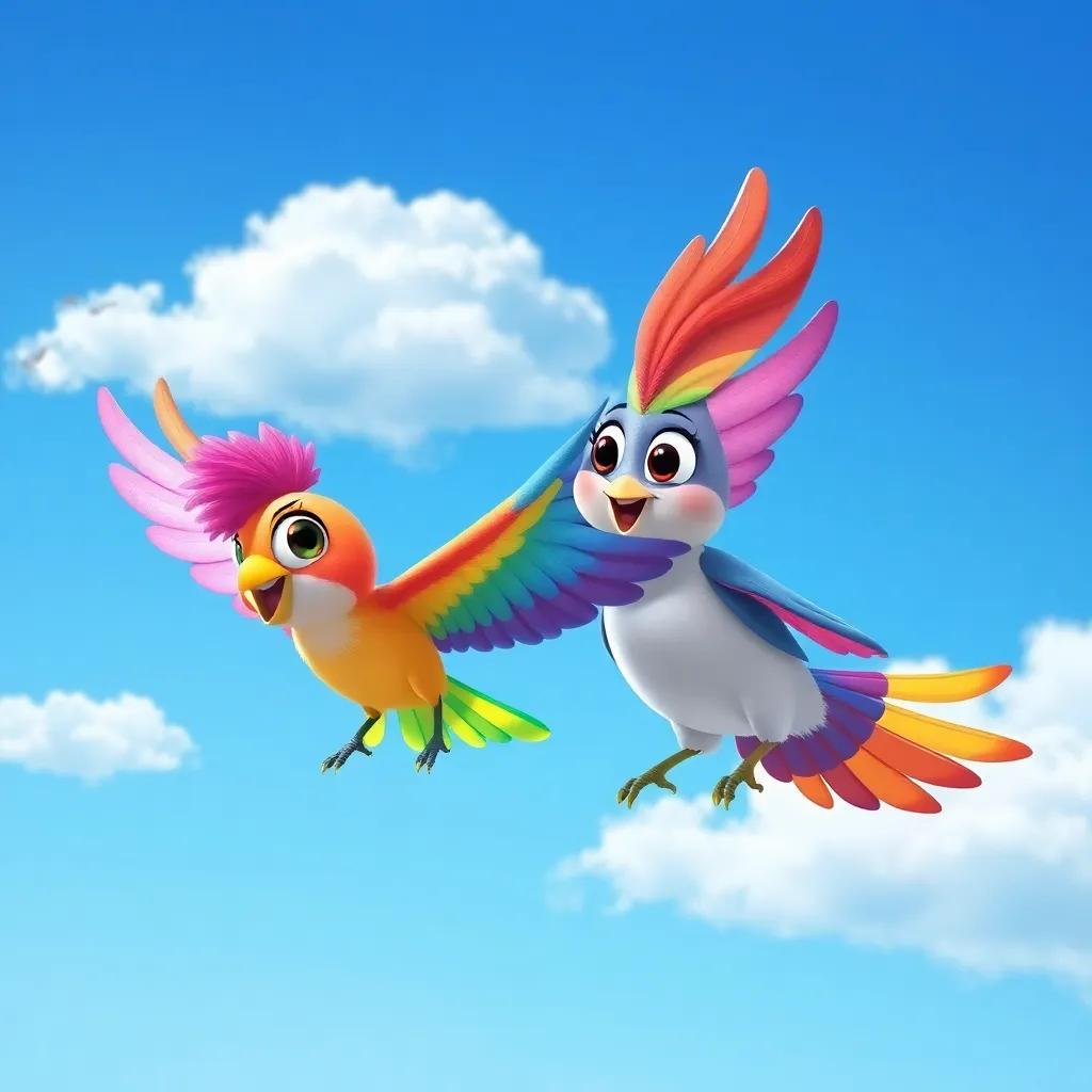 A colorful bird named Lira flying next to Nube, with rainbow feathers glistening, in a clear blue sky with fluffy clouds, playful scene, vibrant colors, high quality