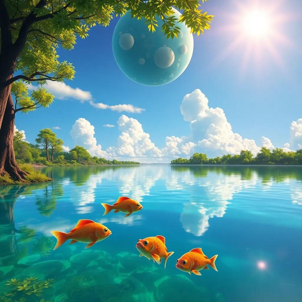 A bright lake reflecting the sky, with Nube floating above and happy fish swimming below, surrounded by green trees, vibrant scene, colorful, high quality
