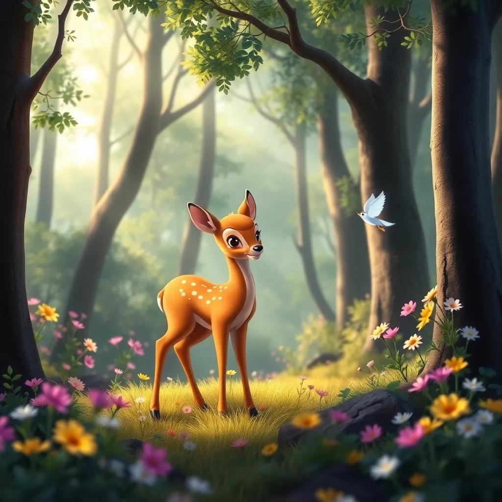 A serene forest with a deer named Bambi standing gracefully, flowers blooming everywhere, with Nube floating nearby, fairy tale atmosphere, detailed, vibrant colors, high quality