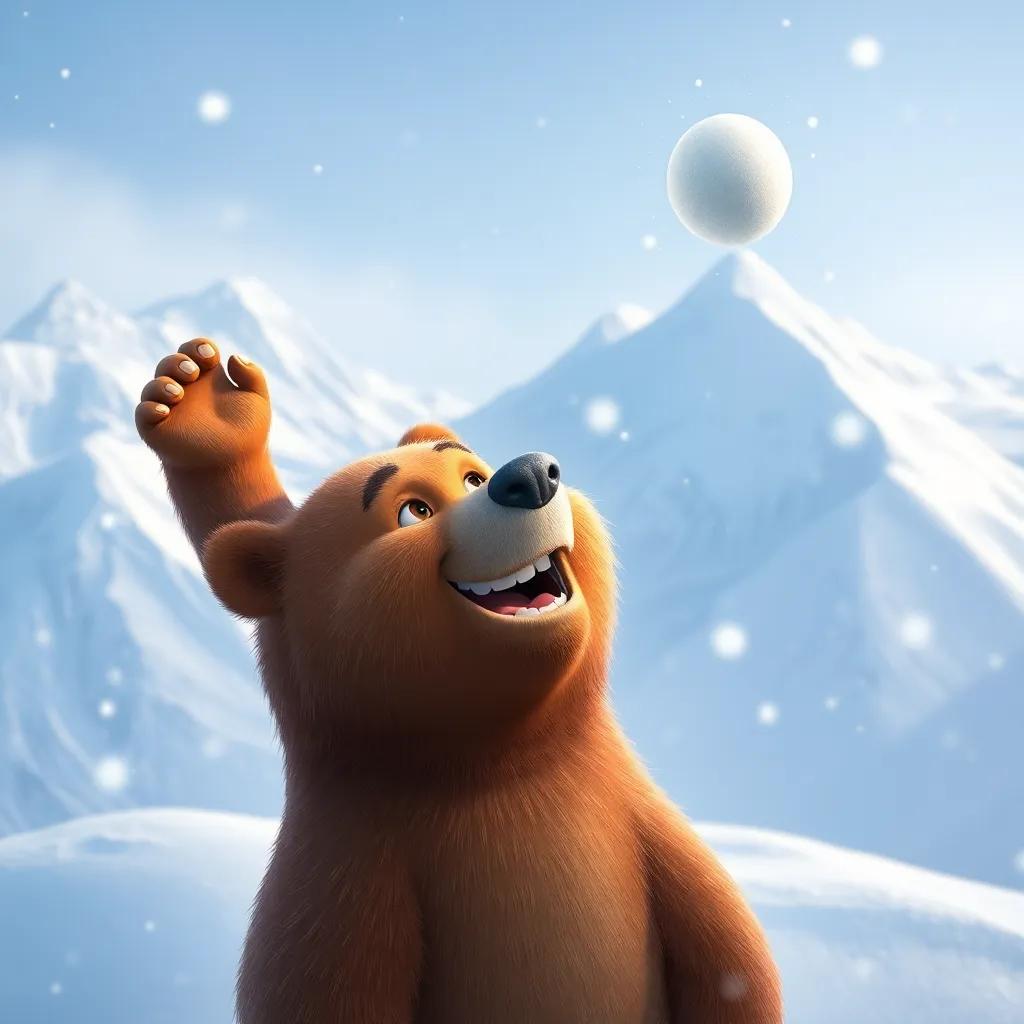 A snowy mountain with a bear named Bruno, joyful and smiling, with Nube floating above, soft snowflakes falling around, winter wonderland, magical feel, high quality
