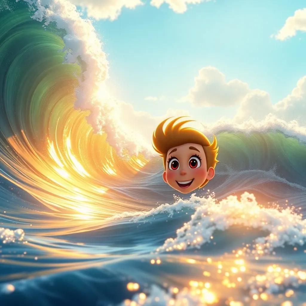 A beautiful seascape with big waves, golden sunlight sparkling on the water, Nube looking amazed and happy, lively, bright colors, high quality
