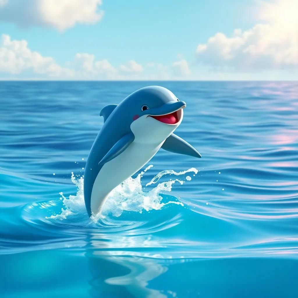 A playful dolphin named Delfi jumping out of the water, splashing joyfully next to Nube, with the ocean in the background, cheerful scene, vibrant, high quality
