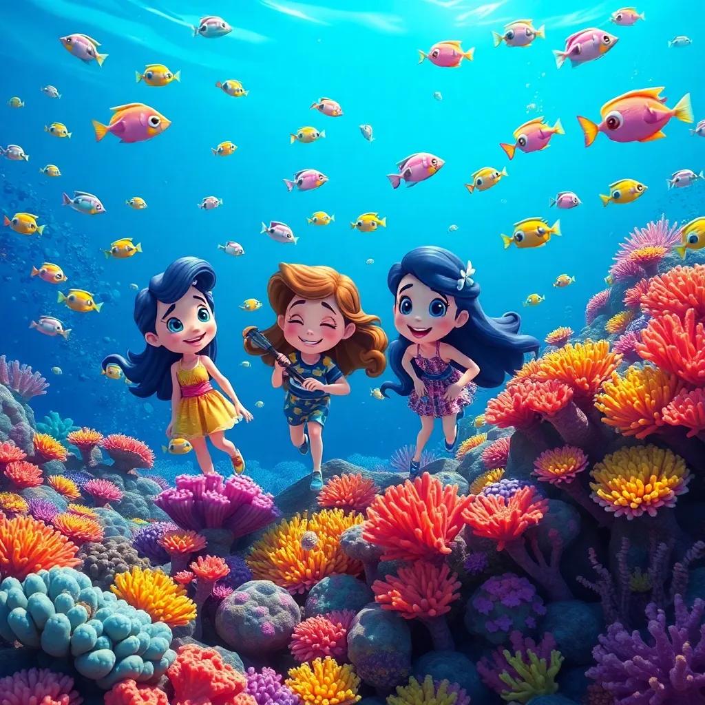 Nube, Lira, and Delfi exploring coral reefs together, colorful fish and corals all around, underwater adventure, bright and lively colors, high quality
