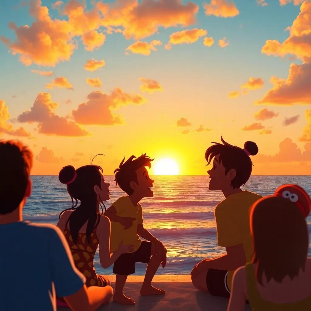 A beautiful sunset over the ocean, with Nube feeling happy and fulfilled, surrounded by friends and wonderful memories, warm atmosphere, rich colors, high quality