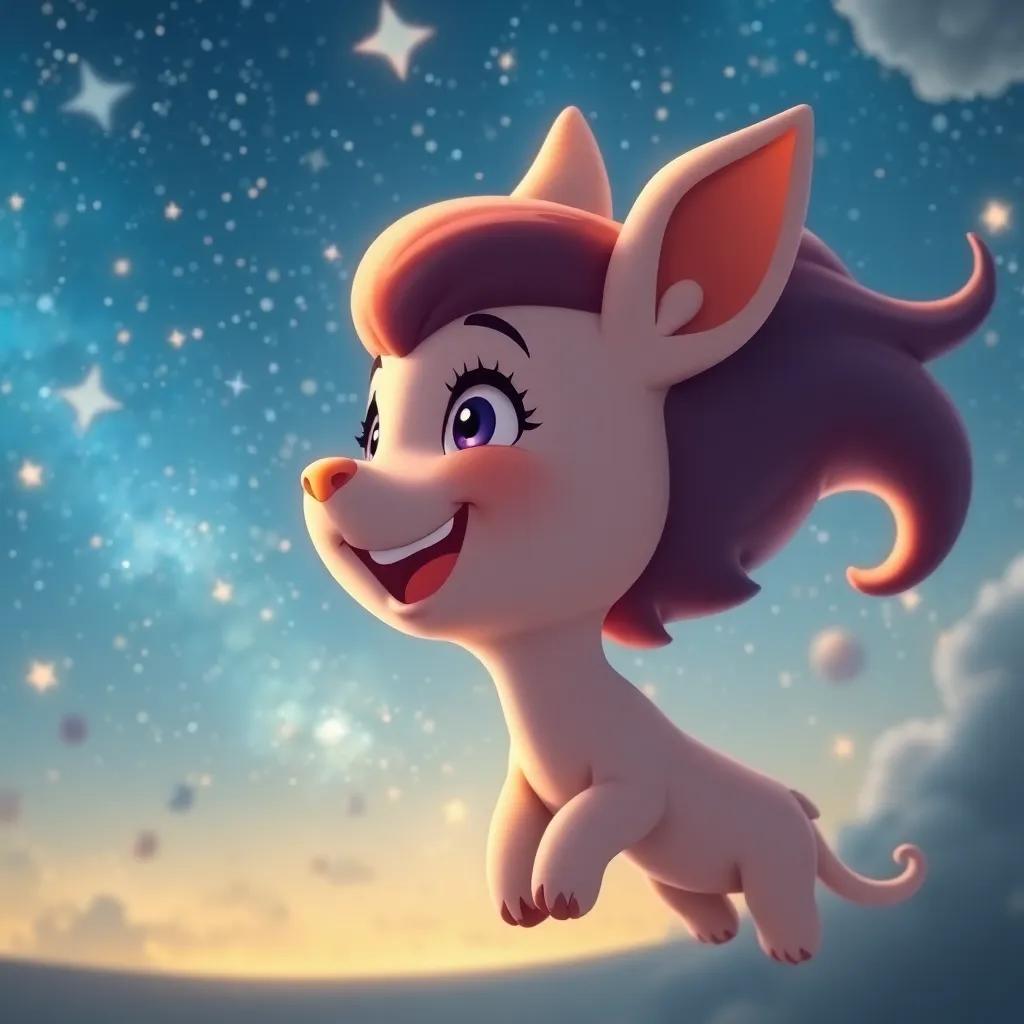 Nube with a joyful expression flying back home, looking at the sky filled with stars, surrounded by memories of the ocean, serene and magical, high quality