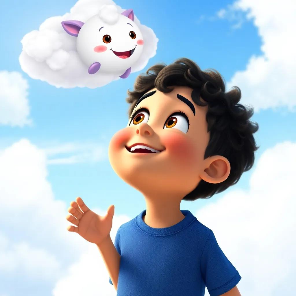A five-year-old boy named Tomás, with curly hair and a blue shirt, looking up in surprise at the friendly cloud Nubi floating above him, joyful expression, vibrant colors, whimsical style, child-friendly