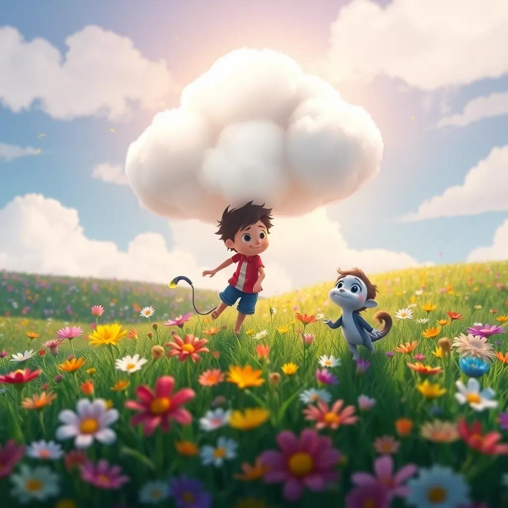 Nubi the cloud and Tomás floating over a meadow filled with colorful flowers, flowers dancing in the wind, magical lighting, bright and engaging, high quality