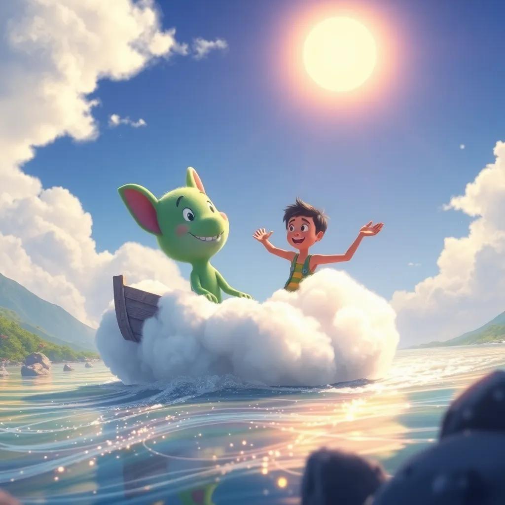 Nubi transforming into a cloud boat while Tomás joyfully sails down a sparkling river under the sun, soft light, whimsical scene, vibrant colors, high quality
