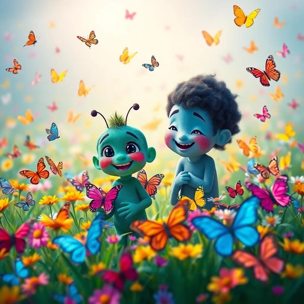 A field of colorful butterflies surrounding Nubi and Tomás, with bright colors and playful butterflies fluttering around, a scene full of joy, high quality