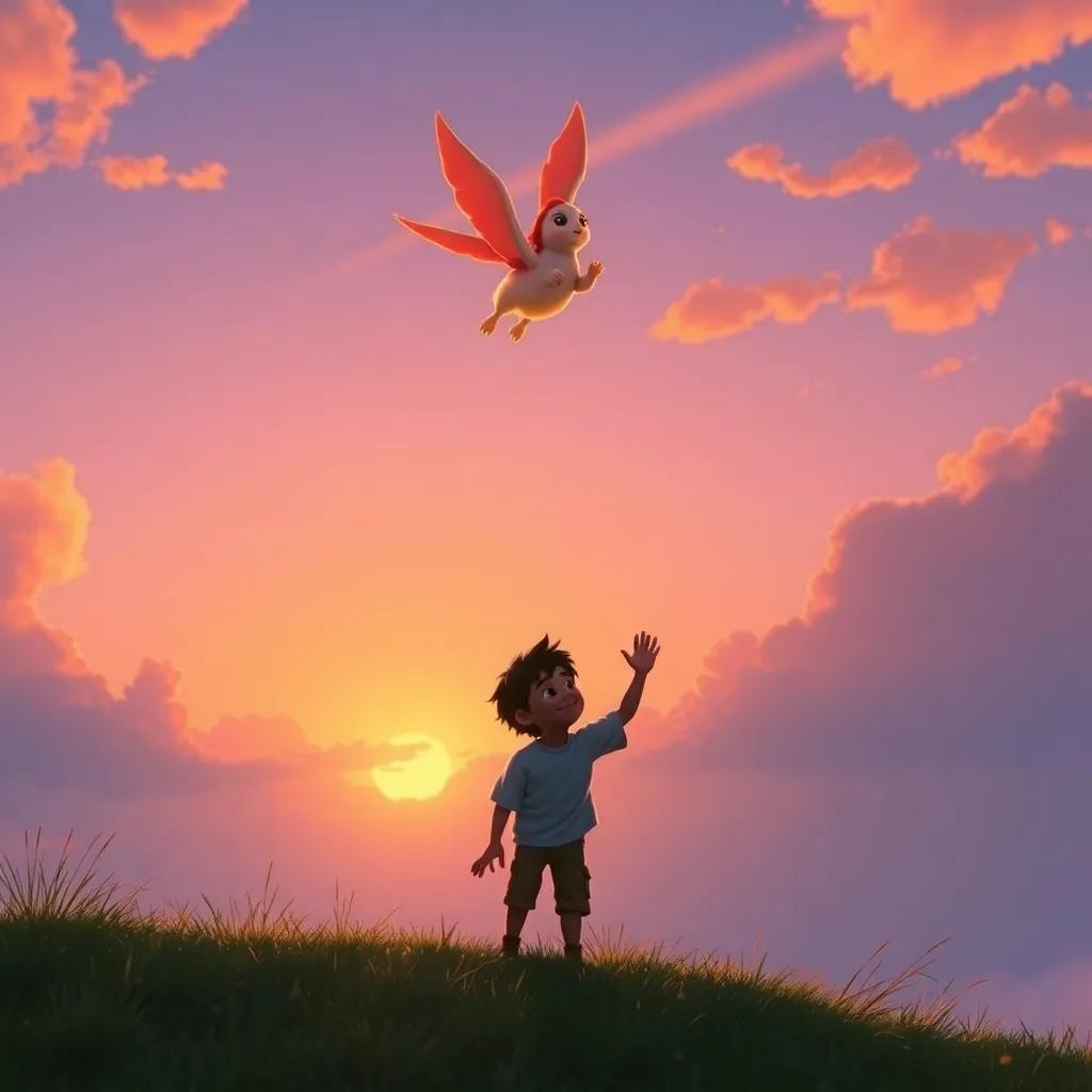 Tomás waving goodbye to Nubi as she returns to the sky during a beautiful sunset, warm colors filling the sky, emotional atmosphere, high quality