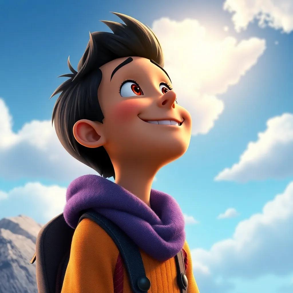 Tomás looking up at the sky with a smile, remembering his magical adventure with Nubi, gentle clouds flowing by, warm and heartwarming scene, high quality