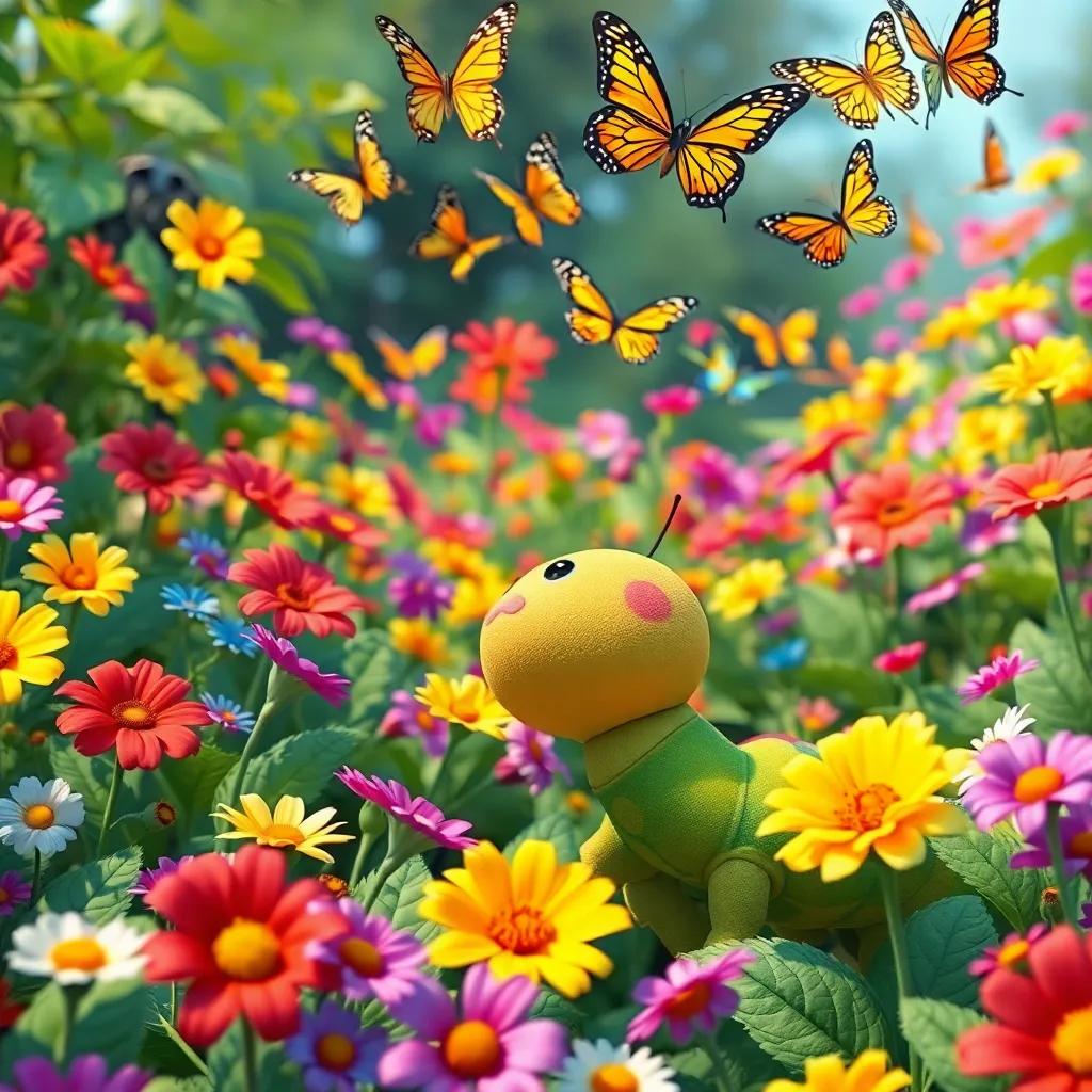 A colorful garden full of flowers and green leaves, with Carla the caterpillar looking up at colorful butterflies flying above, bright and vibrant colors, digital art, cheerful and inviting atmosphere