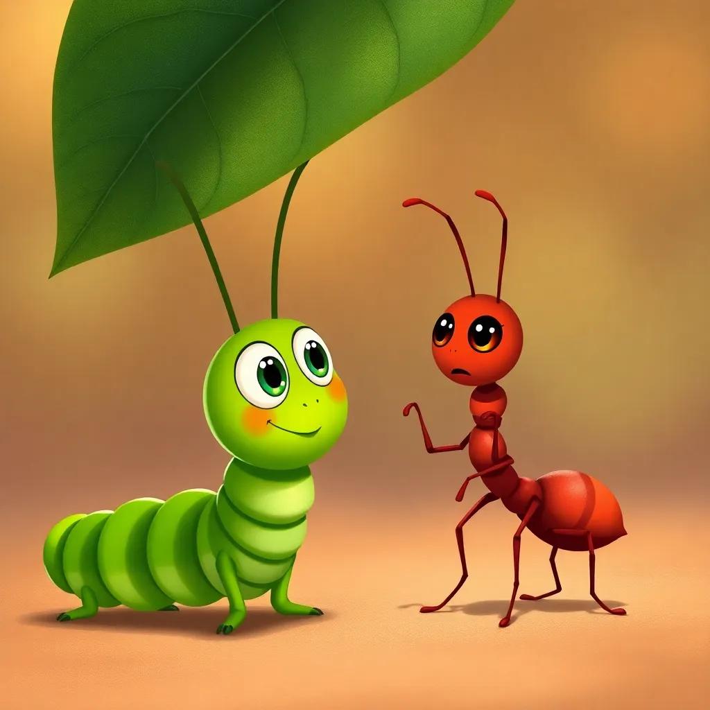Carla the caterpillar with green body and big eyes, chatting with her friend Anita the ant, who has a small red body and determined expression, under a leaf, encouraging and friendly tone, illustration, warm colors