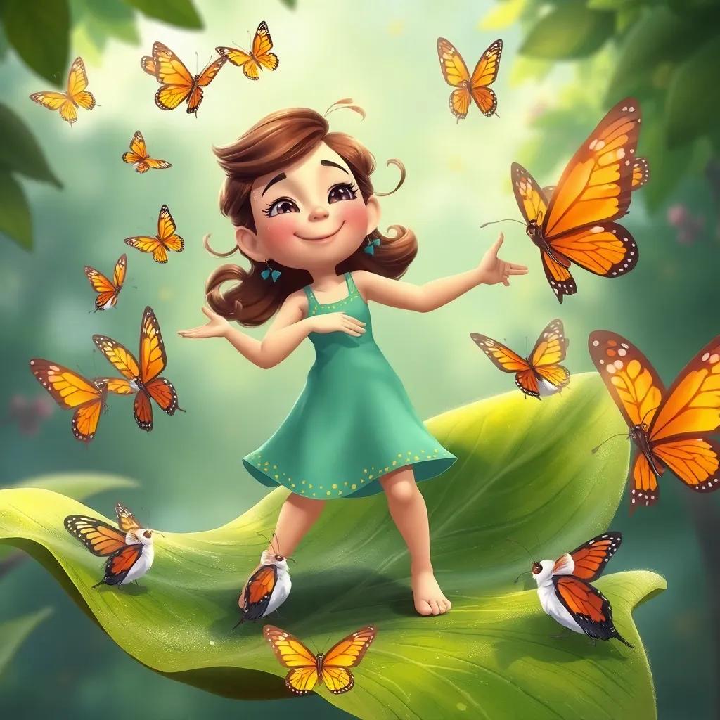 A joyful scene of Carla practicing her dance moves on a leaf, with butterflies circling around her, all of them smiling and enjoying the moment, lively and colorful, friendly atmosphere, digital painting