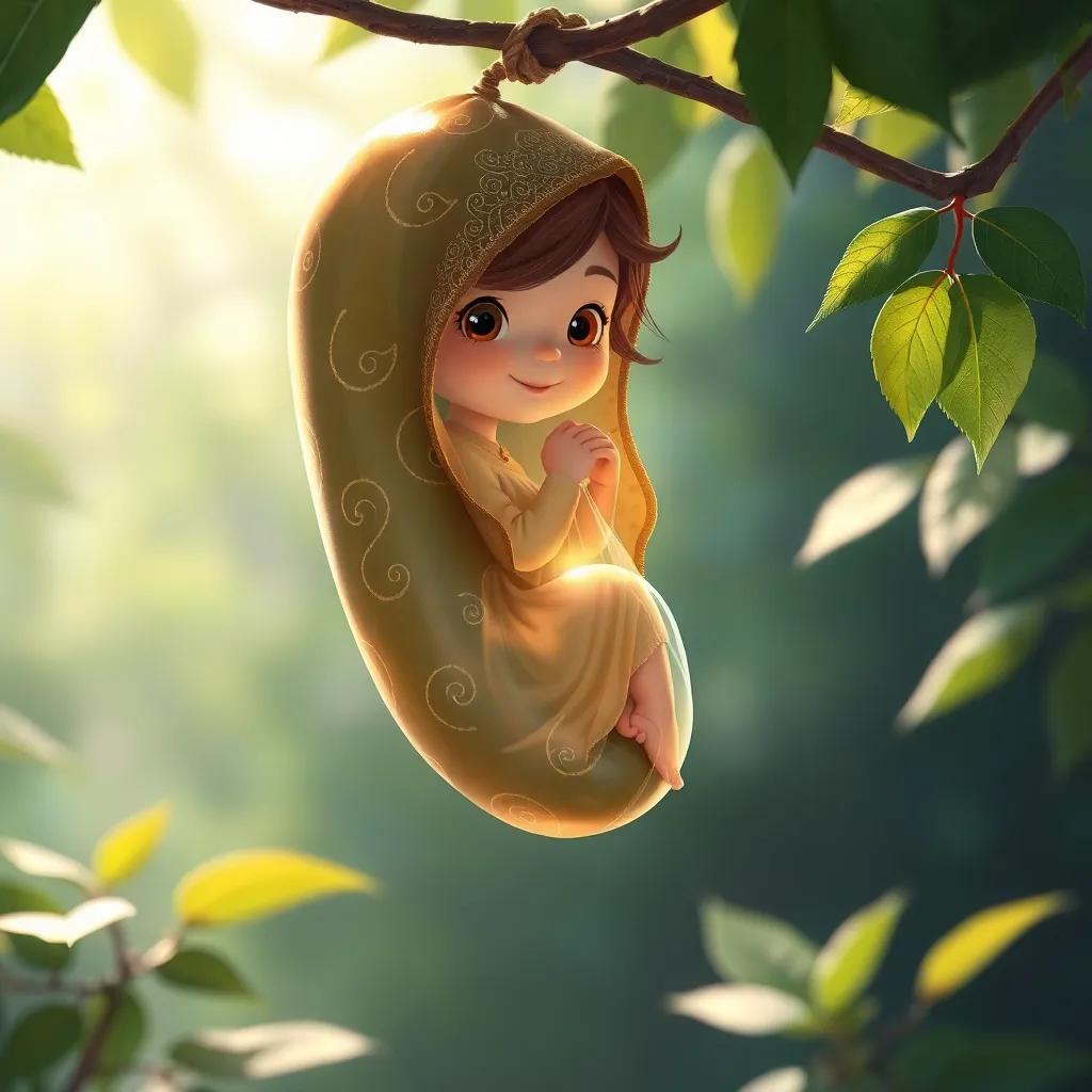 Carla wrapped in a shiny cocoon hanging from a branch, with soft light filtering through the leaves, hinting at the magic of transformation, enchanting and calm, high-quality illustration