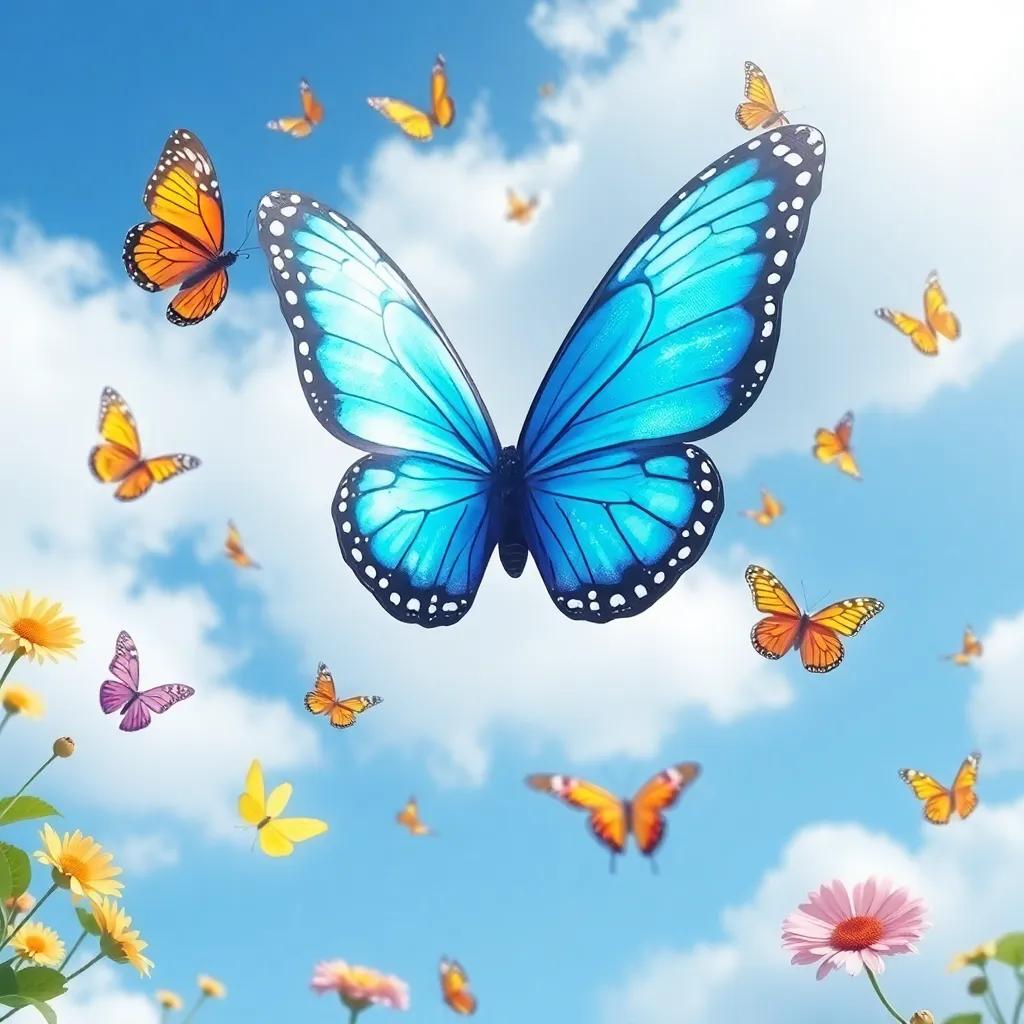 Carla, now a beautiful blue butterfly, gracefully flying in the sky, surrounded by other butterflies and the joyful surprise of her friends below, celebrating diversity in nature, vibrant colors, uplifting and inspiring