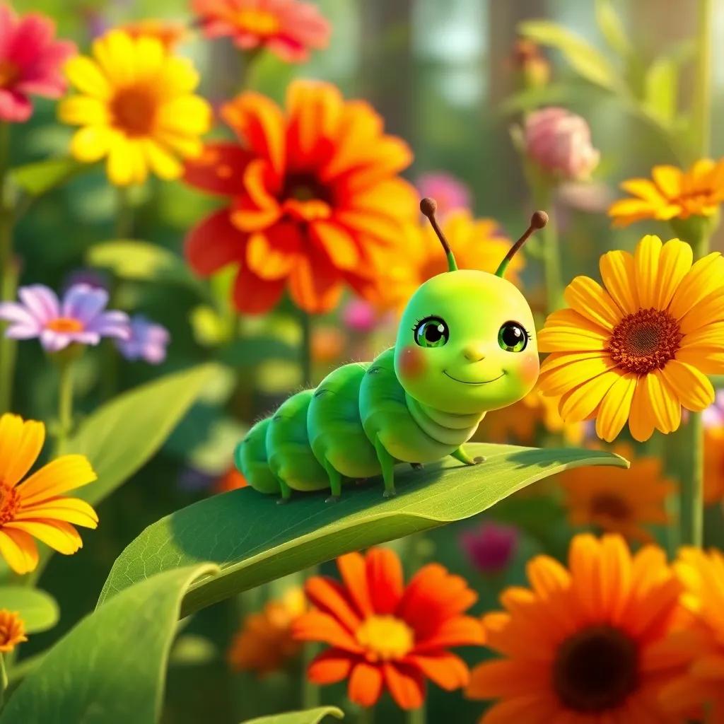 A cute green caterpillar named Carla, sitting on a green leaf in a sunny garden, with vibrant flowers around, digital art, colorful, cheerful atmosphere, high quality