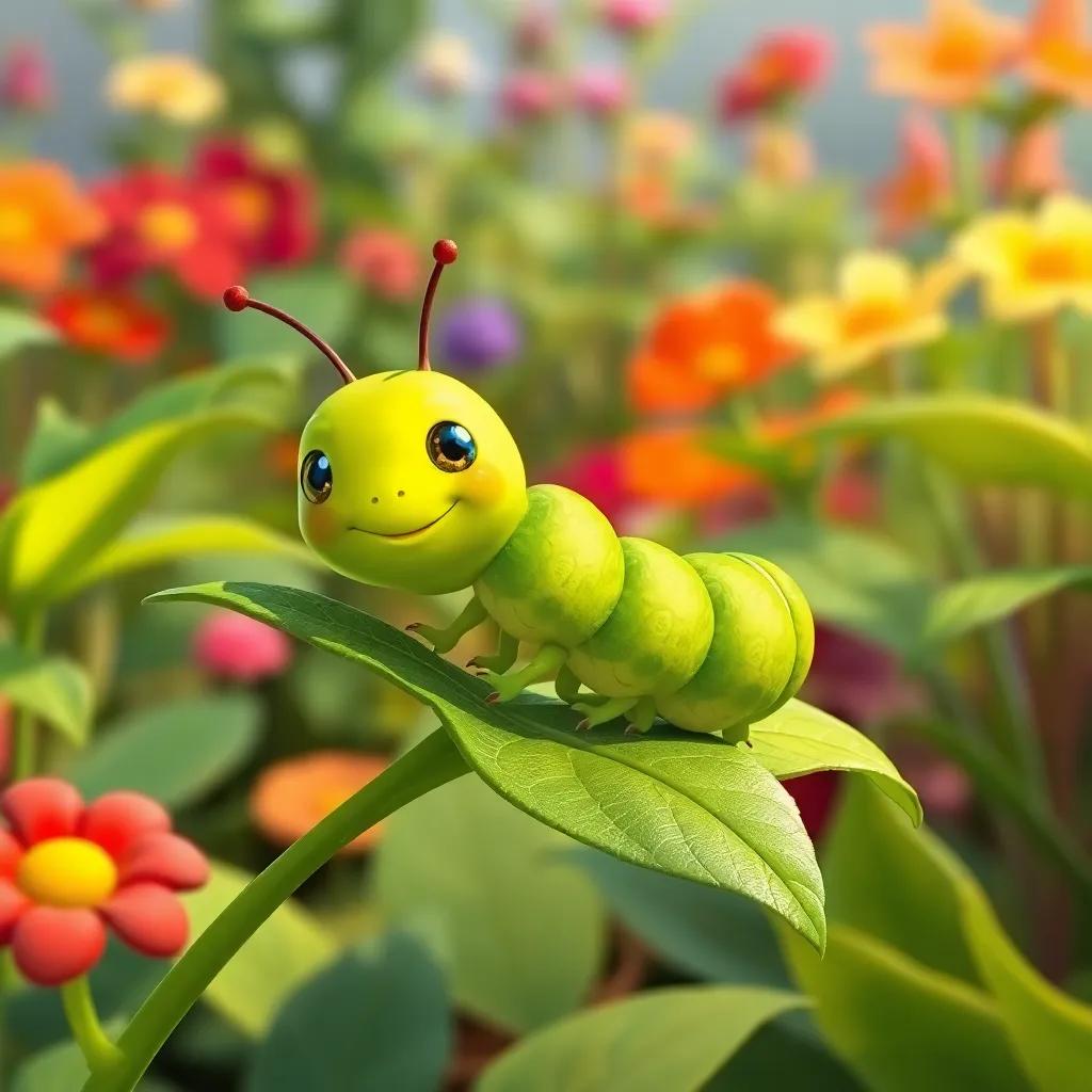 Carla, the green caterpillar, wiggling her tiny body from side to side on the leaves, colorful garden background, playful feel, illustration, bright colors