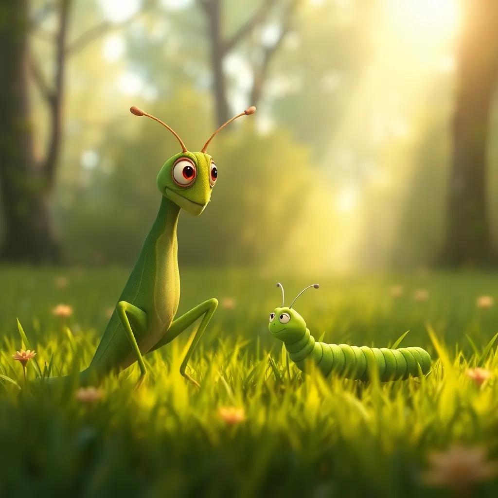 A wise grasshopper talking to Carla, the green caterpillar, in a lush green meadow, light shining through the trees, nurturing environment, digital painting, warm tones