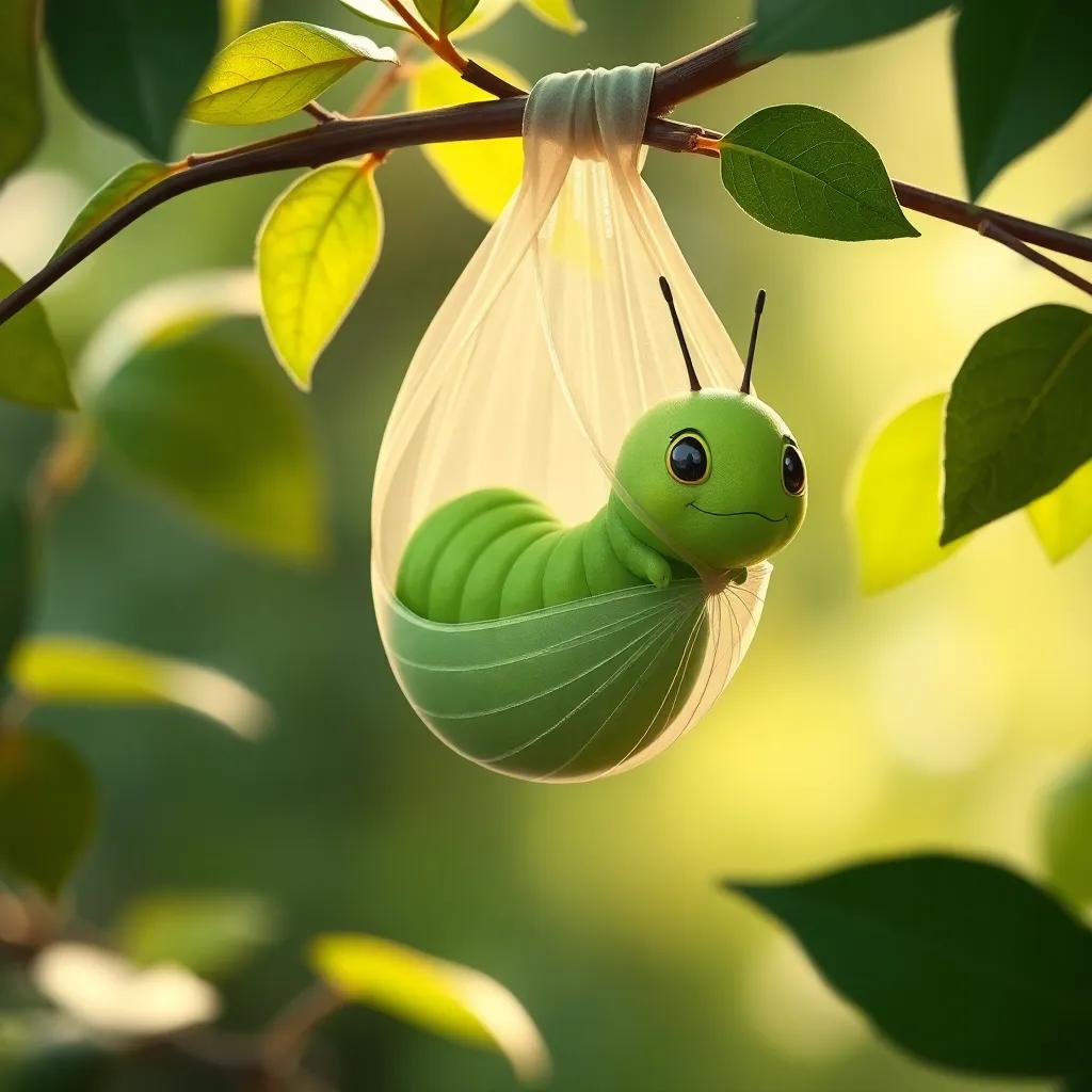 Carla, the green caterpillar, wrapped in a silky cocoon hanging from a branch, delicate leaves around, soft light filtering through, artistic representation