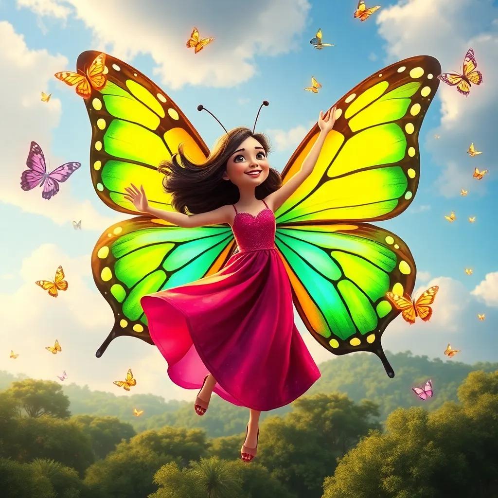 Carla, transformed into a beautiful butterfly with vibrant wings, dancing joyfully in the sky above a forest, colorful butterflies surrounding her, magical ambiance, high quality