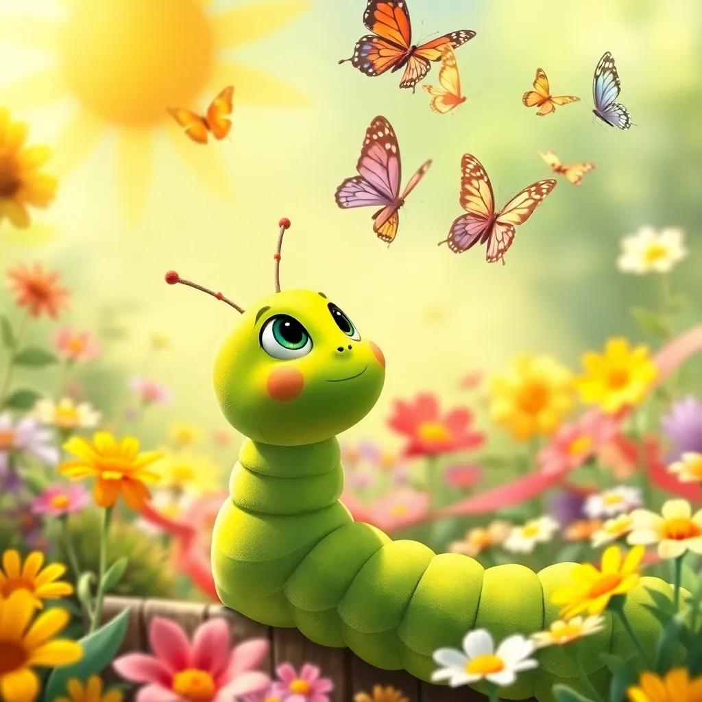 A bright green caterpillar named Clara, looking up at colorful butterflies in a sunny garden filled with flowers, vibrant colors, cheerful atmosphere, whimsical, illustration