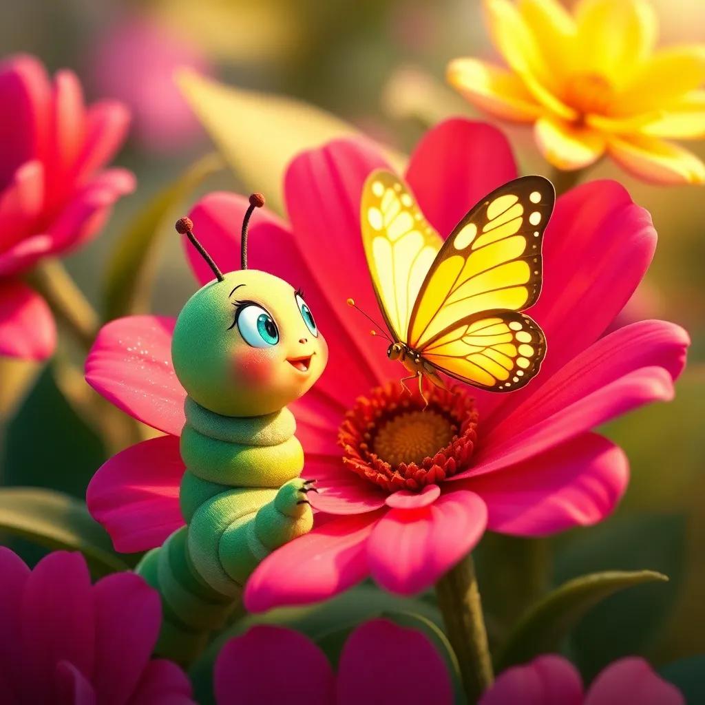 Clara the caterpillar speaking with a shiny yellow butterfly on a colorful flower, surrounded by bright petals and green leaves, warm tones, friendly interaction, digital art