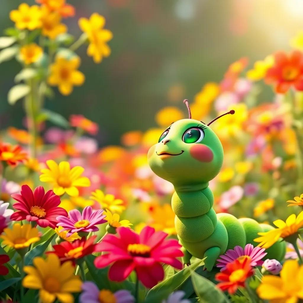 A cute green caterpillar named Carla in a bright garden filled with colorful flowers, looking up at the sky, digital art, vibrant colors, cheerful atmosphere, high quality
