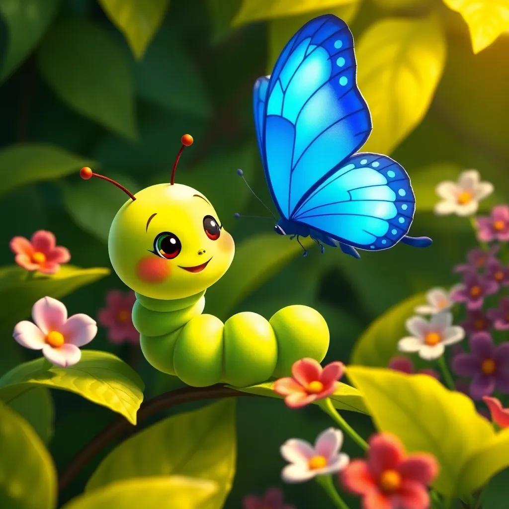 A small, cheerful green caterpillar named Carla talking to a beautiful blue butterfly, surrounded by lush green leaves and colorful blossoms, illustration, friendly, warm light, high quality
