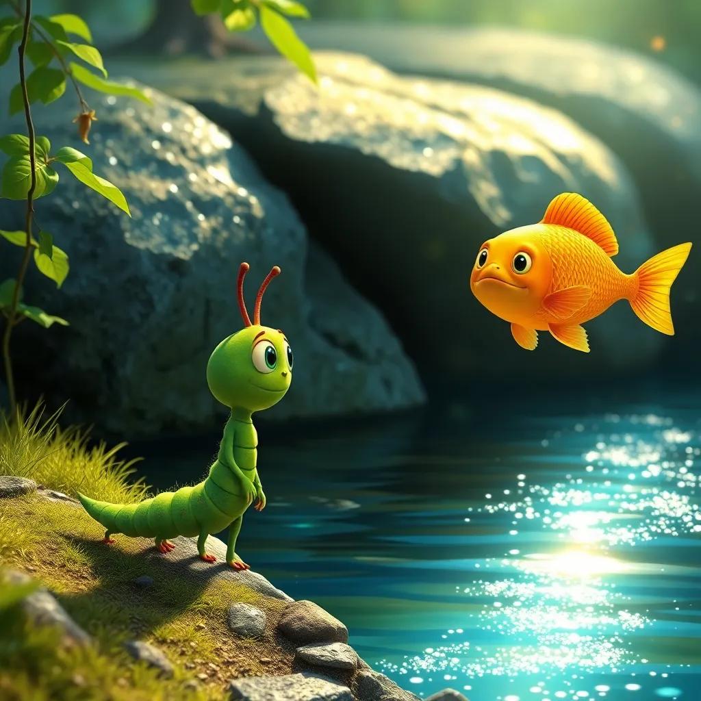 The green caterpillar Carla walking by a shimmering river, asking a golden fish for advice on becoming a rainbow, sparkling water, vivid colors, enchanting scene, whimsical art