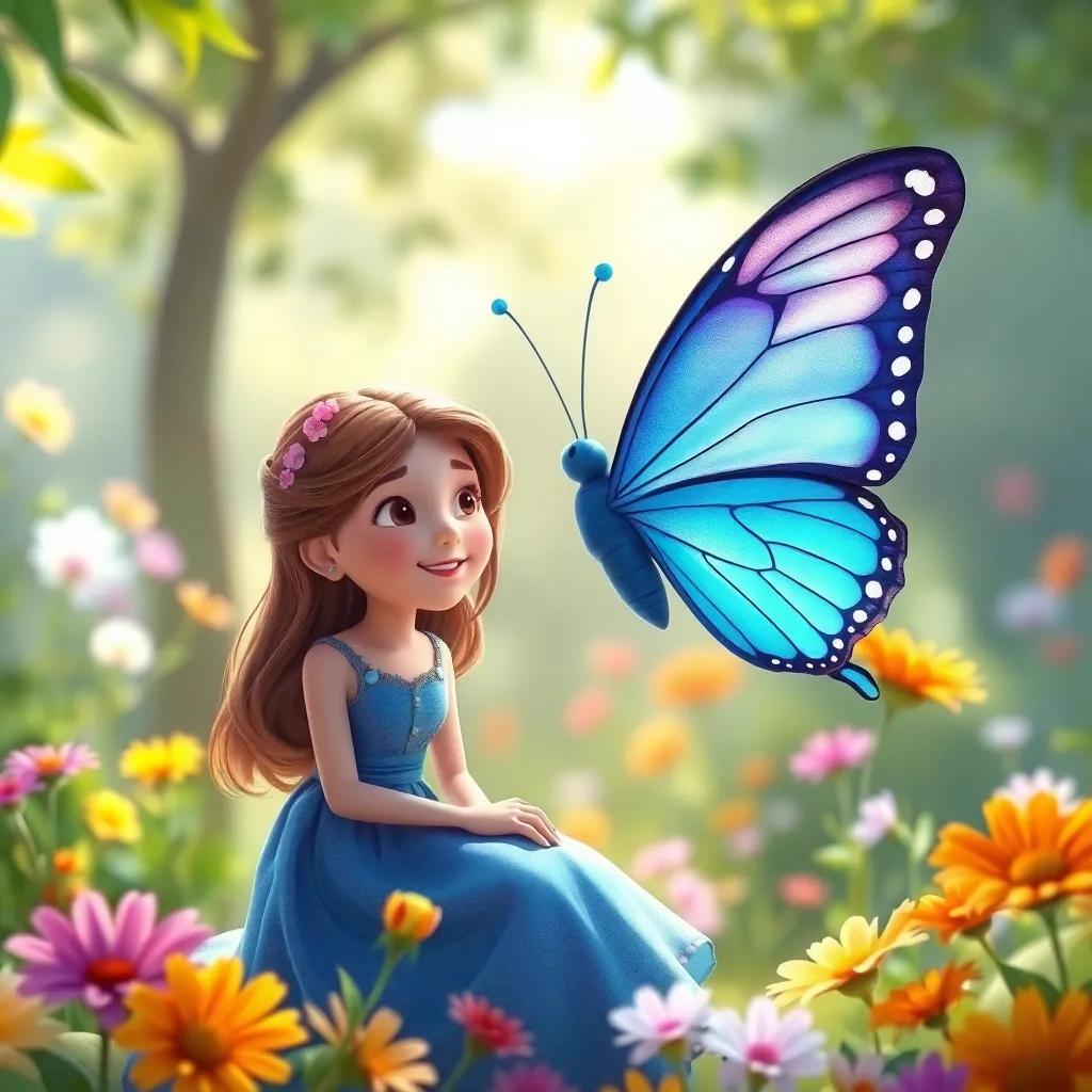 The blue butterfly gently telling Carla about the beauty of being herself, in a sunny spot of the garden with colorful flowers around, soft light, joyful atmosphere, charming art