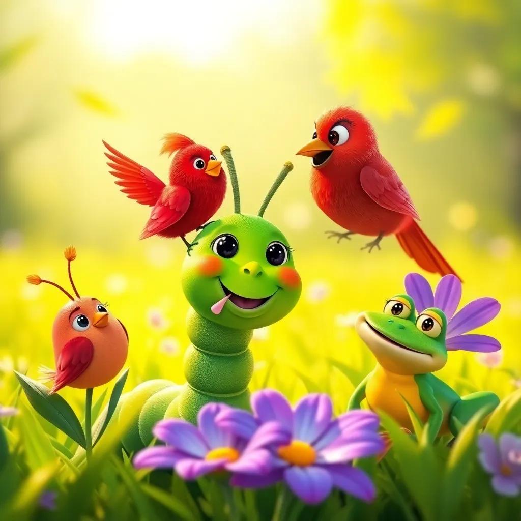 The green caterpillar Carla making new friends with a red bird, a yellow frog, and a purple flower, all smiling and laughing together in a sunlit field, bright and cheerful, high quality