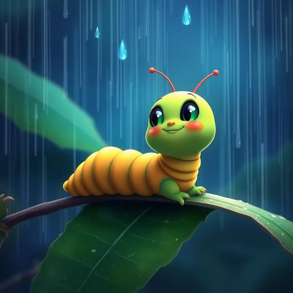 Carla the caterpillar happily waiting on a leaf during the rain, glancing upwards, droplets shimmering like jewels, illustration, magical feel, vibrant colors, high quality