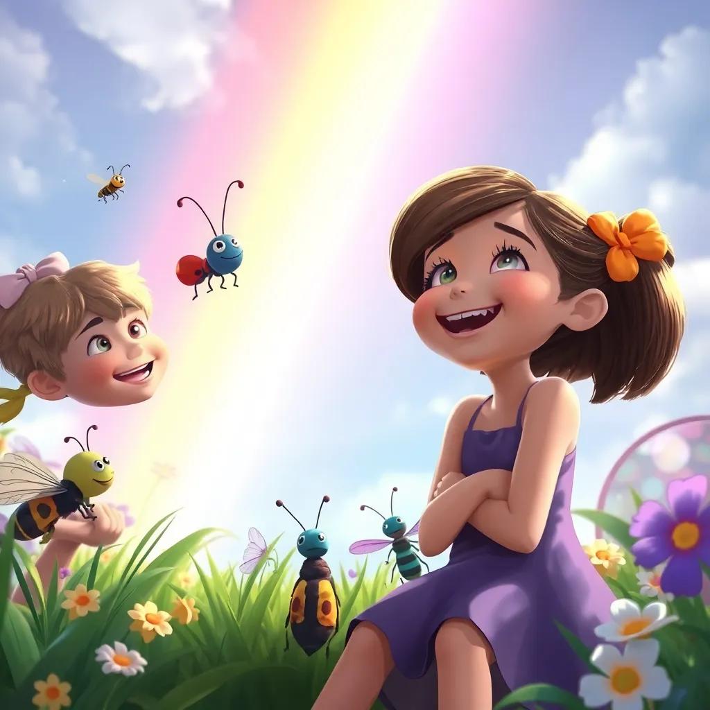 Carla joyfully watching a beautiful rainbow in the sky with other insects, everyone smiling, nature around them colorful, embracing atmosphere, digital painting, uplifting scene