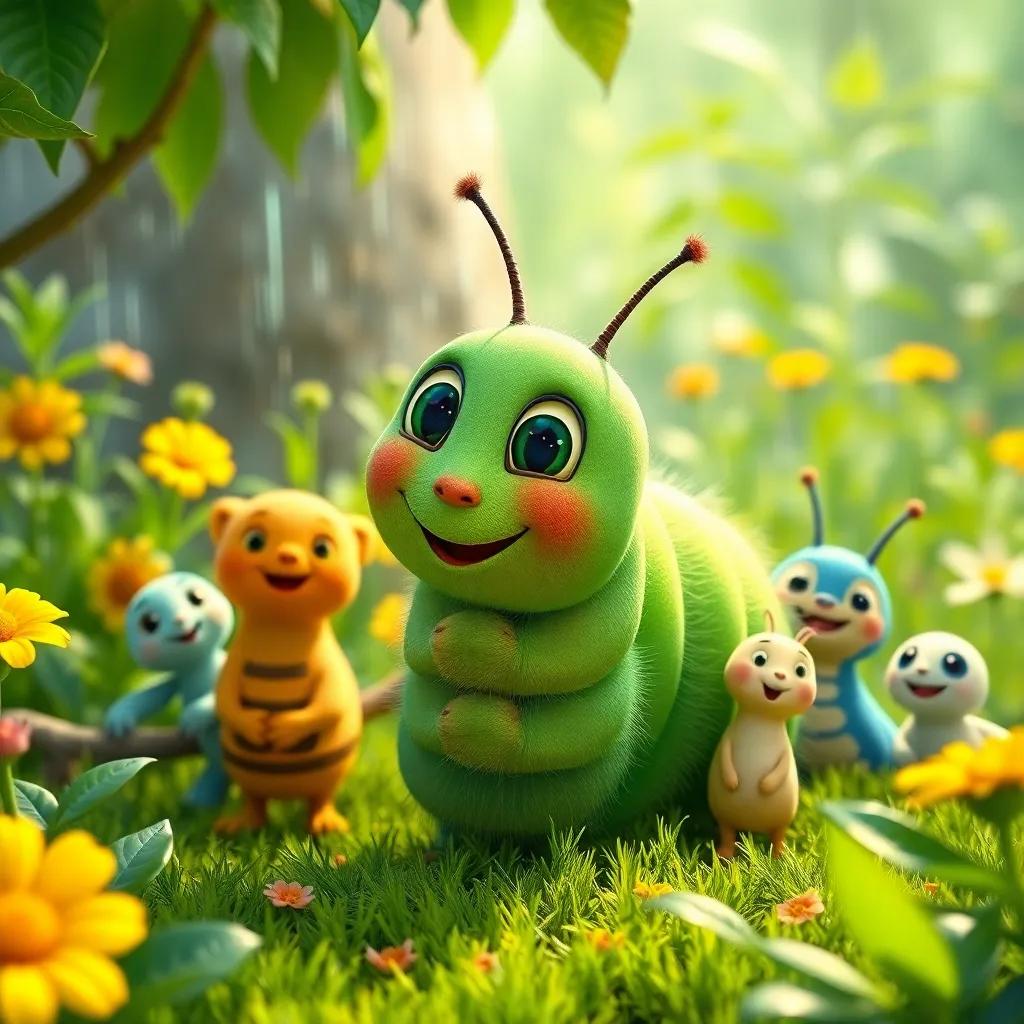 The green caterpillar Carla, now joyful and colorful, surrounded by friends in a bright green garden after the rain, with a radiant smile, friendly and warm scene, enchanting art