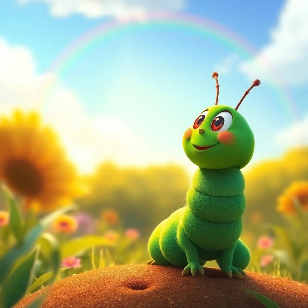 The green caterpillar Carla admiring the rainbow in the sky, feeling happy and content, bright colors filling the scene, digital art, cheerful vibe, warm light