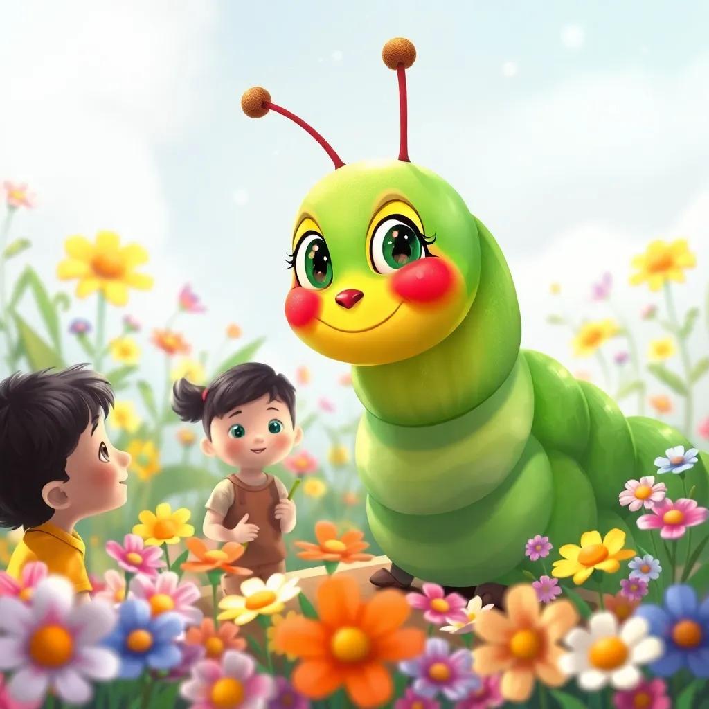 Carla the caterpillar smiling, looking at children who are inspired by her colors and dreams, surrounded by flowers and nature, heartwarming, wonderful atmosphere, detailed illustration