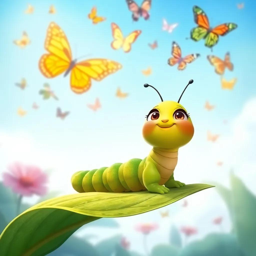 A little green caterpillar, Lila, sitting on a green leaf, looking up at colorful butterflies flying in a bright blue sky, cheerful and bright, illustration, vibrant, happy atmosphere, high quality
