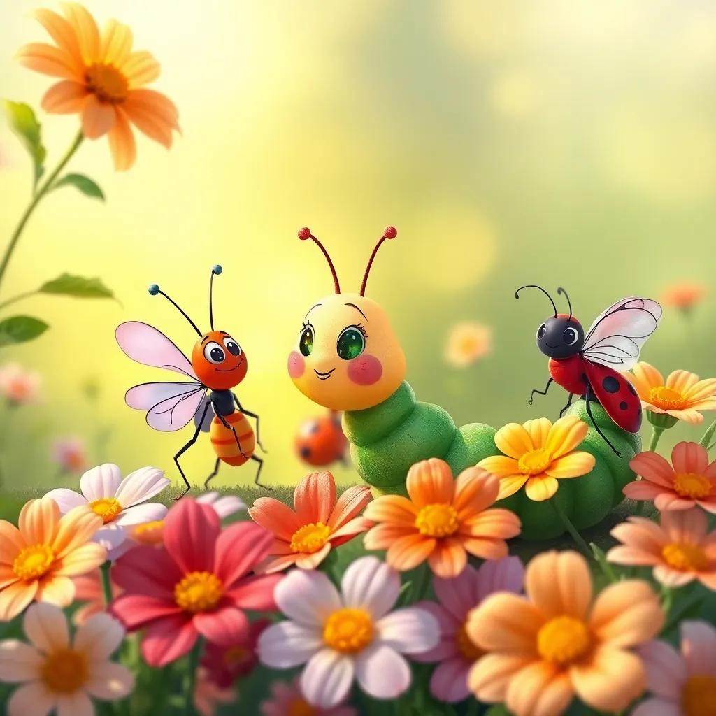 Lila, the little caterpillar, telling her friends Tito the ant and Sofía the ladybug about her dream to be a butterfly, surrounded by beautiful flowers, colorful and friendly, warm light, child-friendly, illustration, high quality