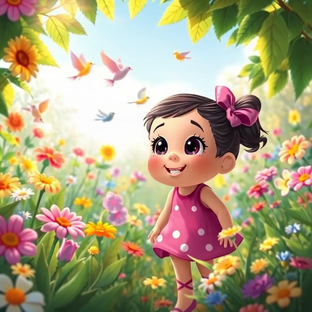 Lila exploring the garden filled with colorful flowers and singing birds, looking curious and excited, sunshine filtering through leaves, cheerful and vibrant atmosphere, child-friendly, illustration, high quality