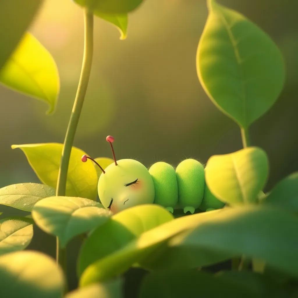 Lila, the little caterpillar feeling tired and hiding among the green leaves, reflecting but still hopeful, softer light, peaceful scene, gentle and calm, child-friendly, illustration, high quality