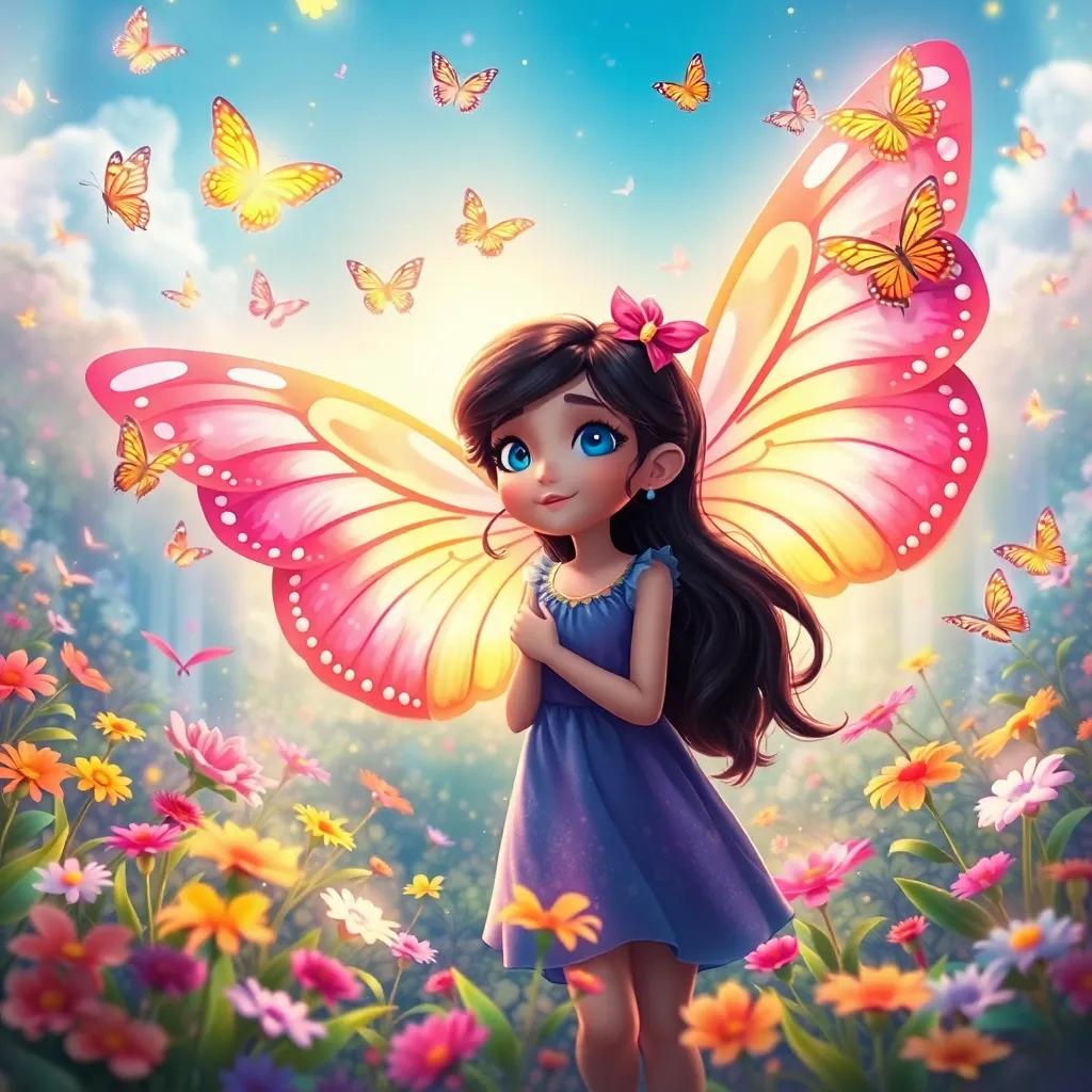 Lila, dreaming of having colorful wings, surrounded by beautiful butterflies in a magical dream-like garden, bright colors and joyful atmosphere, fantasy illustration, high quality