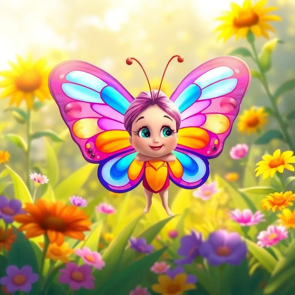 Lila, the bright butterfly awakening with magnificent rainbow-colored wings, stretching and looking amazed at her transformation, in a sunny garden, vibrant colors and cheerful atmosphere, child-friendly, illustration, high quality