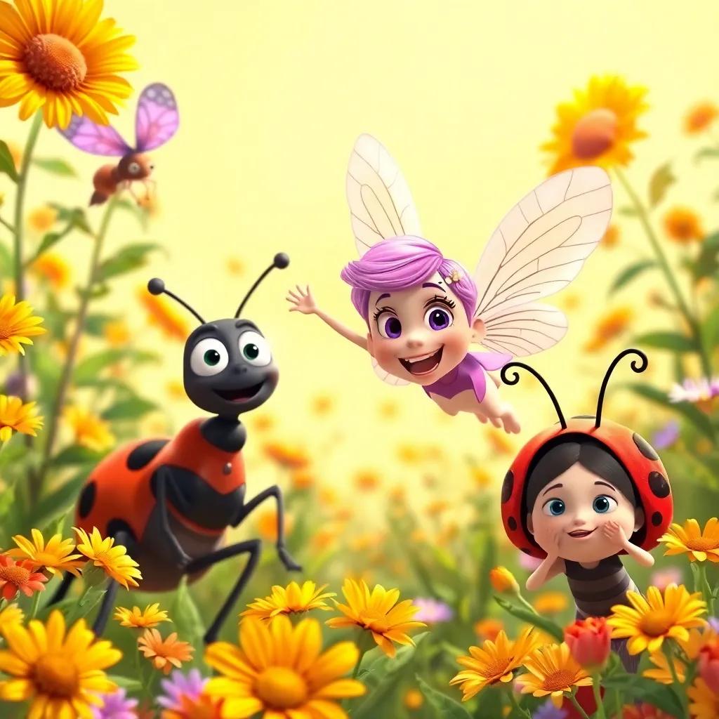 Lila, flying joyfully among Tito the ant and Sofía the ladybug, in the sunny garden filled with flowers, everyone's faces filled with happiness, joyful and bright atmosphere, illustration, high quality