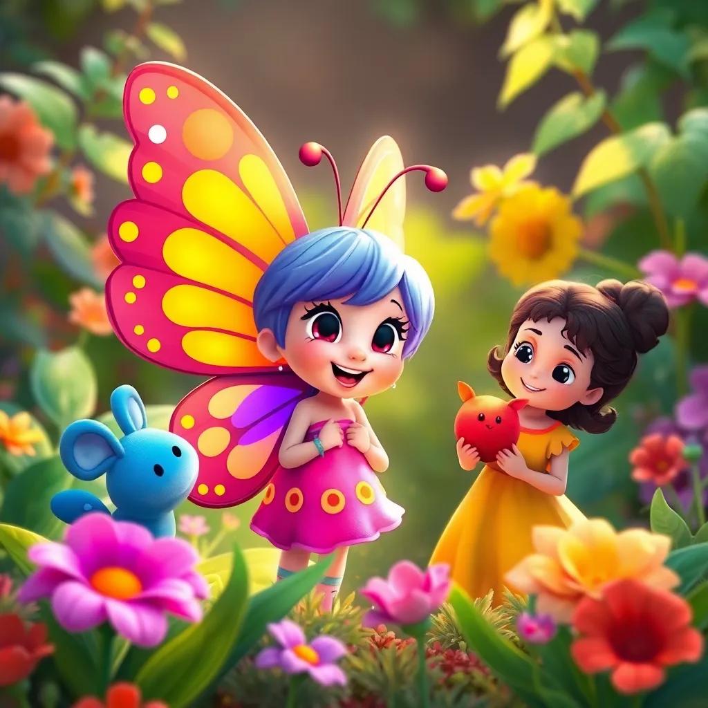 Lila, now a beautiful butterfly with rainbow colors, exploring her garden with Tito and Sofía, hearts full of joy and friendship, vibrant colors, warm and inviting scene, illustration, high quality