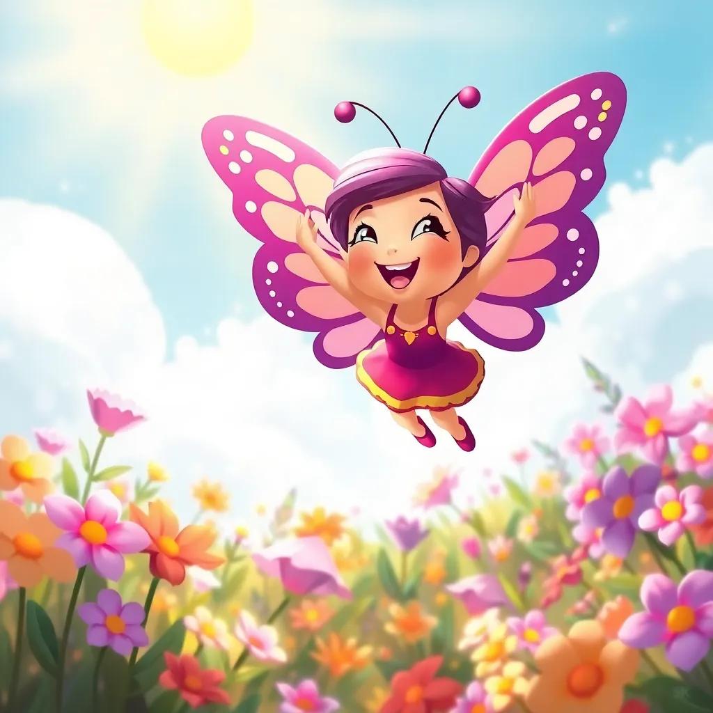 Lila flying high in a beautiful garden, with magical flowers and a bright sun, embracing her new life as a butterfly, joyful and vibrant, child-friendly and warm, illustration, high quality