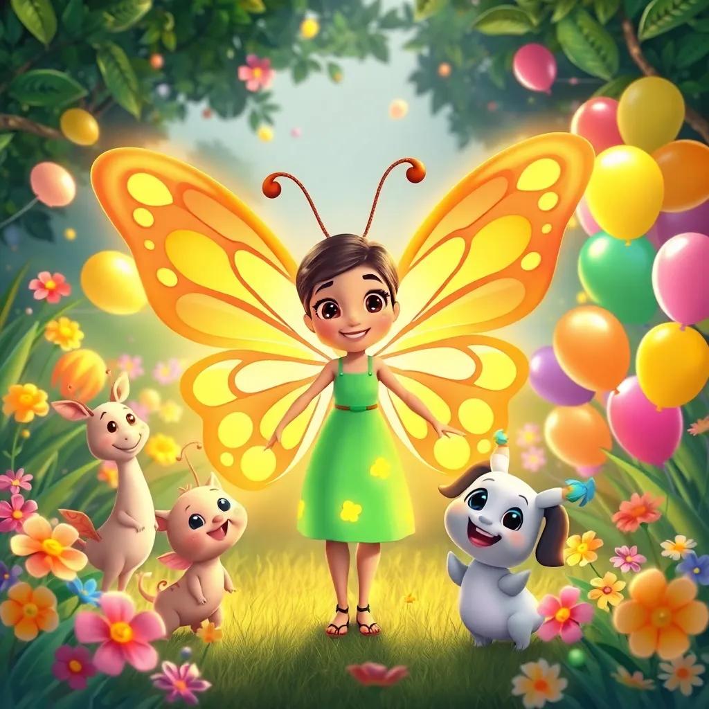Lila, with glowing butterfly wings, and her friends celebrating her transformation in the garden, colorful balloons and flowers, festive and happy atmosphere, illustration, high quality